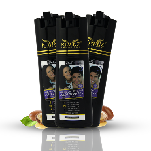 Kiwinz Professional Argan Oil Extract Color Shampoo for Men and Women – 5-in-1 natural black hair color shampoo with ammonia-free, herbal-based nourishing formula
